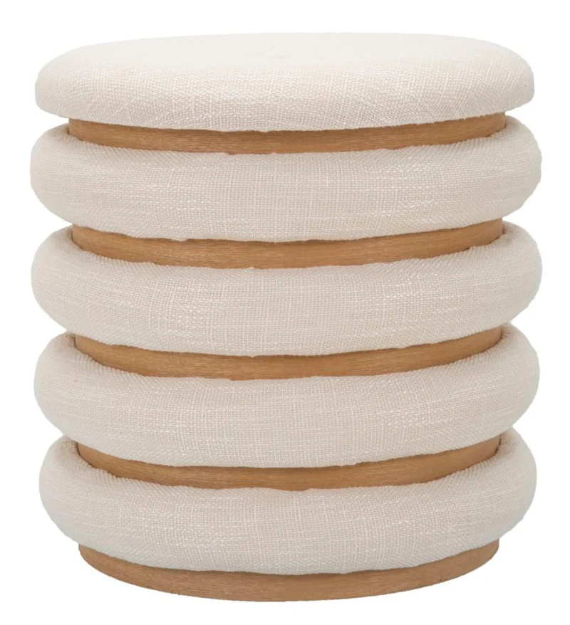 Pouf rotondo imbottito in tessuto con base in legno design cerchi - DAMASCO