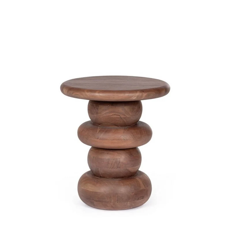 Tavolino rotondo in legno di mango con base scultorea impilata - LOPEZ
