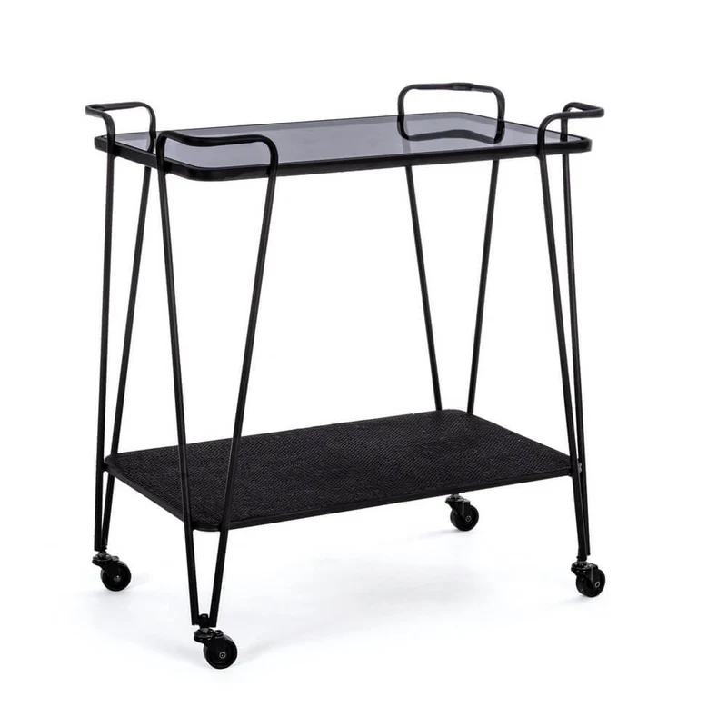Carrello bar in acciaio nero con piano in vetro temperato e ruote - MIRIAM