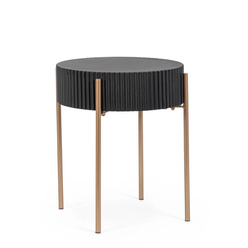 Tavolino rotondo nero con gambe in acciaio dorato stile art déco - LUCIA