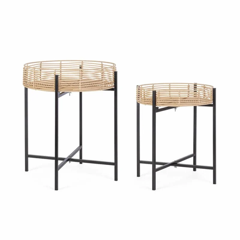 Set da 2 Tavolini Rotondi in Polyrattan e Metallo Nero - LENNY