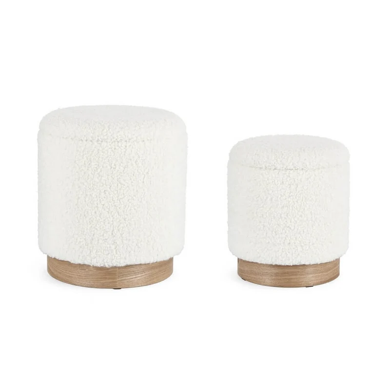 Set di 2 Pouf Contenitore Rotondi in Tessuto Bouclé Bianco con Base in Legno - BRI