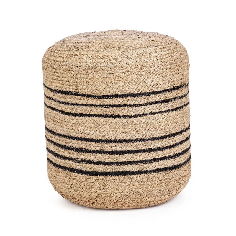 Pouf rotondo in iuta intrecciata naturale con righe nere - ANDERSON