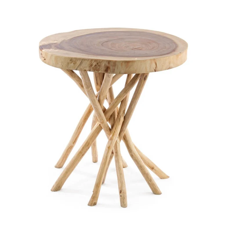 Tavolino rotondo in legno mungur con base in rami di teak - KAI