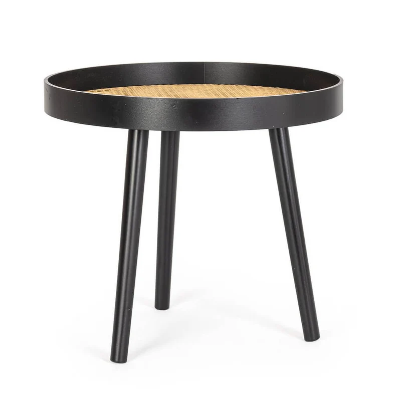 Tavolino rotondo in legno nero con piano in rattan D50 - JOSIE