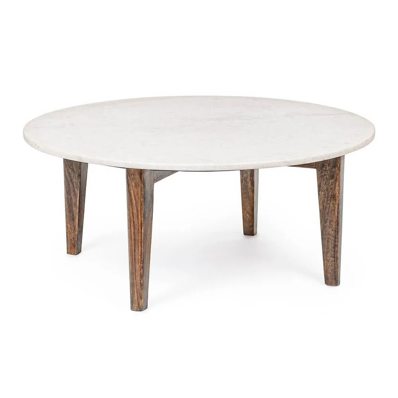 Tavolino da salotto rotondo piano in marmo e gambe legno mango - JAXON