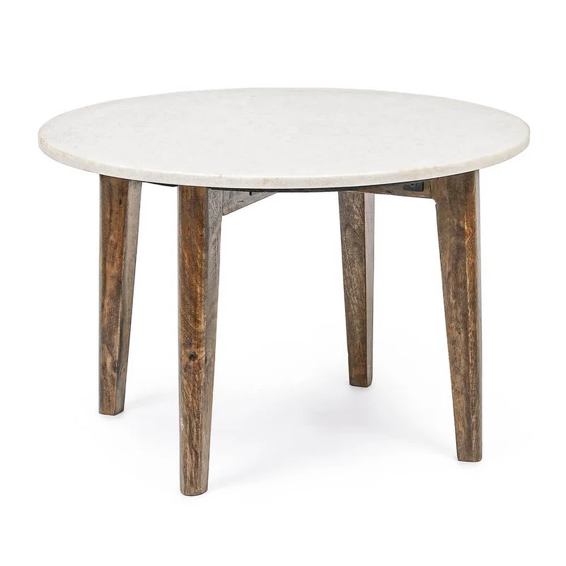 Tavolino rotondo in marmo con gambe in legno di mango - JAXON