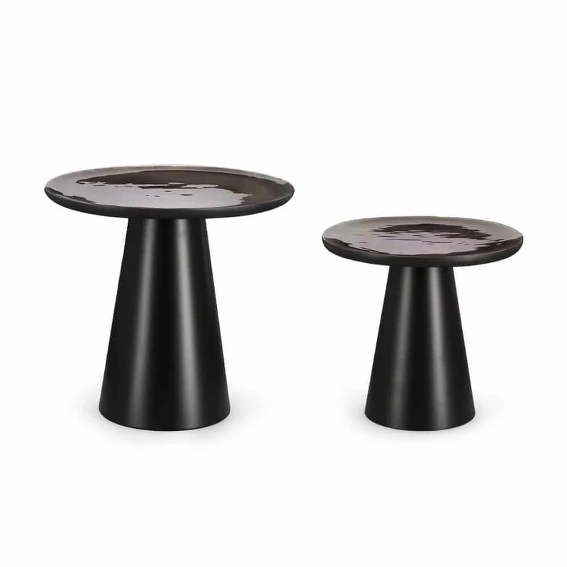 Set da 2 Tavolini Rotondi in Legno di Mango Smaltato con Base in Acciaio - HYBRID