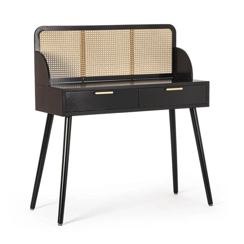 Consolle con 2 Cassetti in MDF e Pannello in Rattan Nero - JOSIE