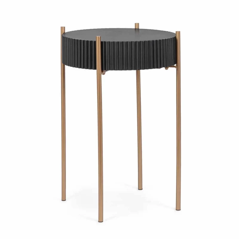 Tavolino rotondo piano MDF nero con gambe in acciaio dorato - FREYA