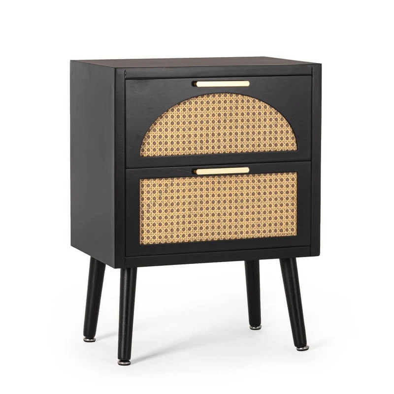 Comodino con 2 Cassetti in Legno Nero e Inserti in Rattan - JOSIE