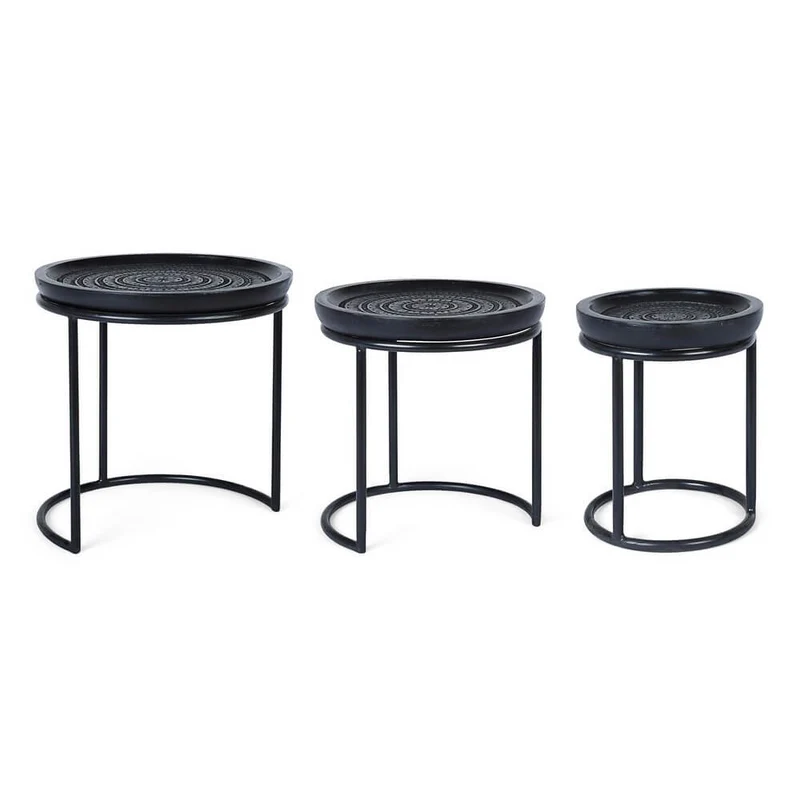 Set da 3 Tavolini Rotondi in Legno di Mango e Acciaio - EMPRESS