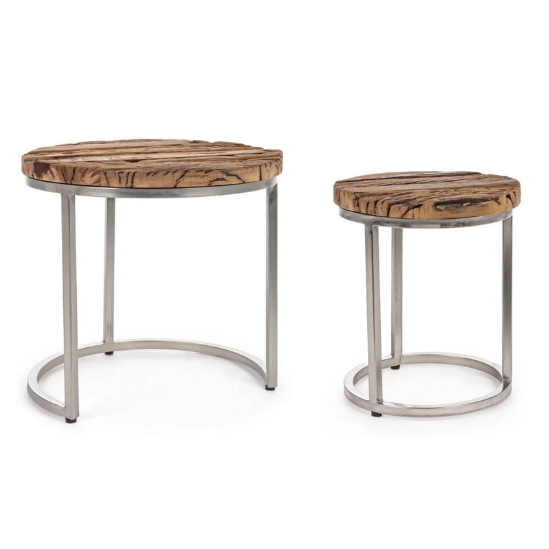 Set di 2 tavolini rotondi in legno riciclato e acciaio nickel - ELLIOTT