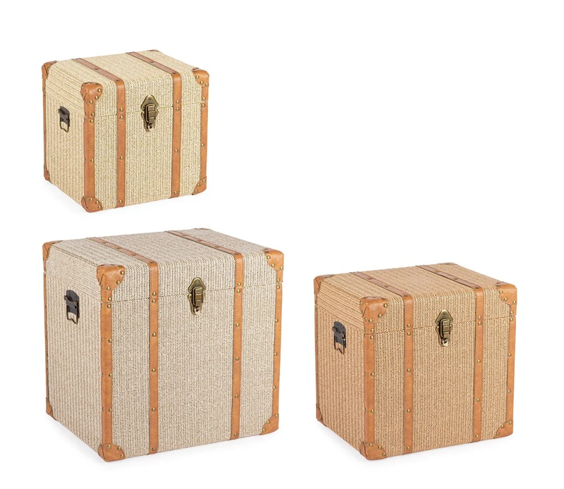 Set da 3 Bauli in MDF e Similpelle Stile Vintage - BAULE