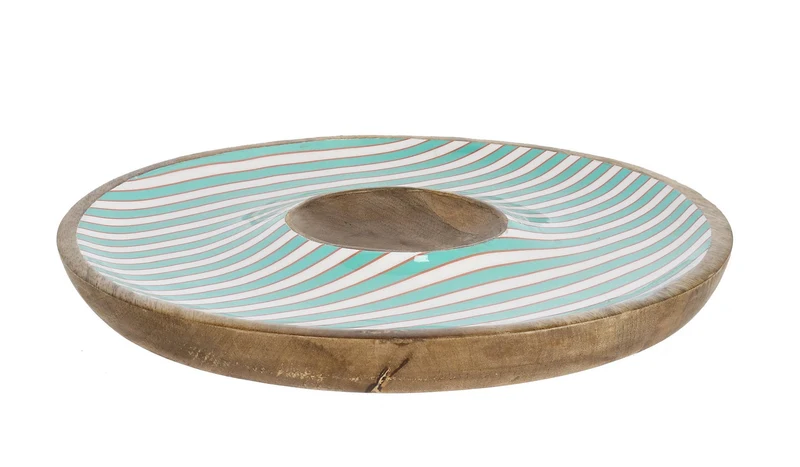 Antipastiera in legno di mango smaltato a righe turchesi D39 cm - THARA