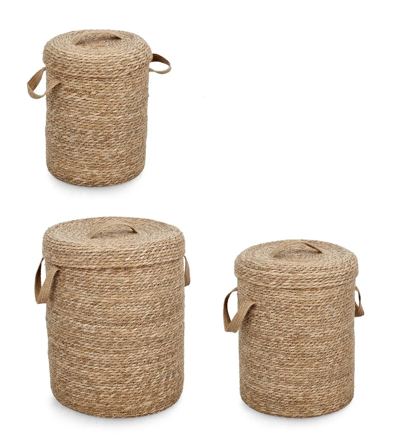 Set da 3 Ceste Portabiancheria in Fibra Naturale con Coperchio - HAMIDA