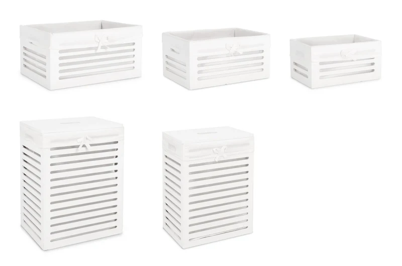 Set di 2 Set da 2 Portabiancheria e 3 Ceste in Legno Bianco con Fodera - ISRA