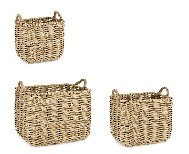 Set da 3 Ceste Rettangolari in Polyrattan Naturale con Manici - JULEN