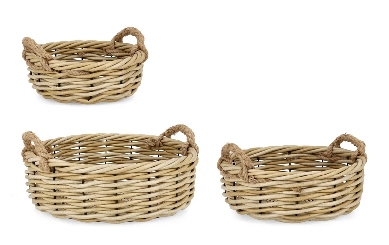 Set da 3 Cesti Tondi Bassi in Polyrattan Naturale con Manici - JULEN