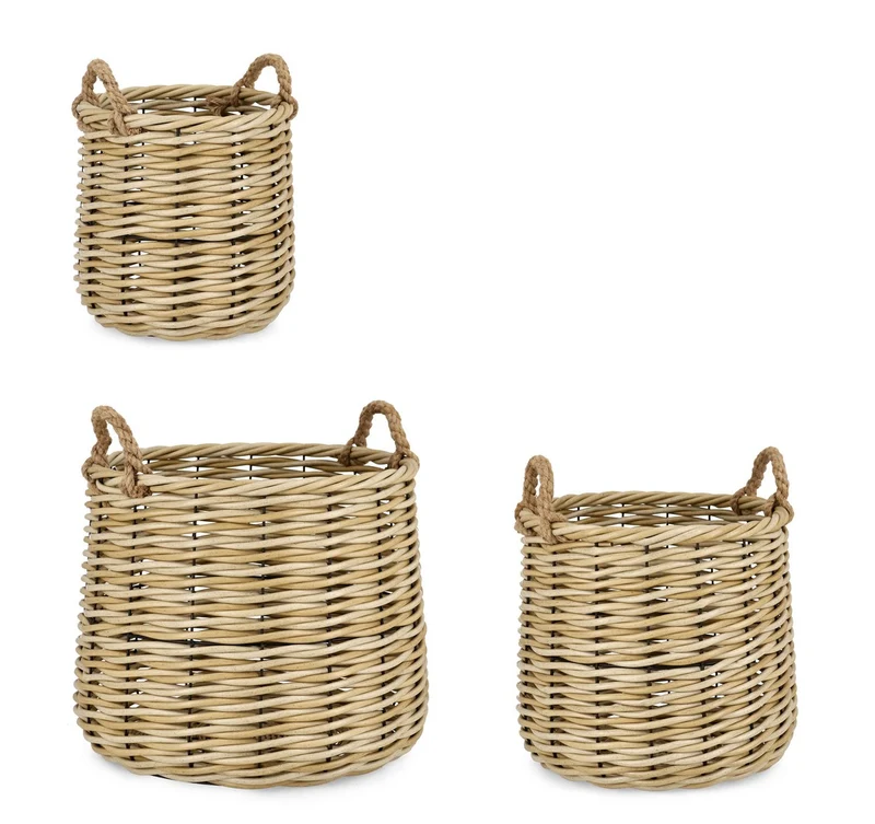 Set da 3 Ceste Rotonde in Polyrattan con Manici in Corda Naturale - JULEN