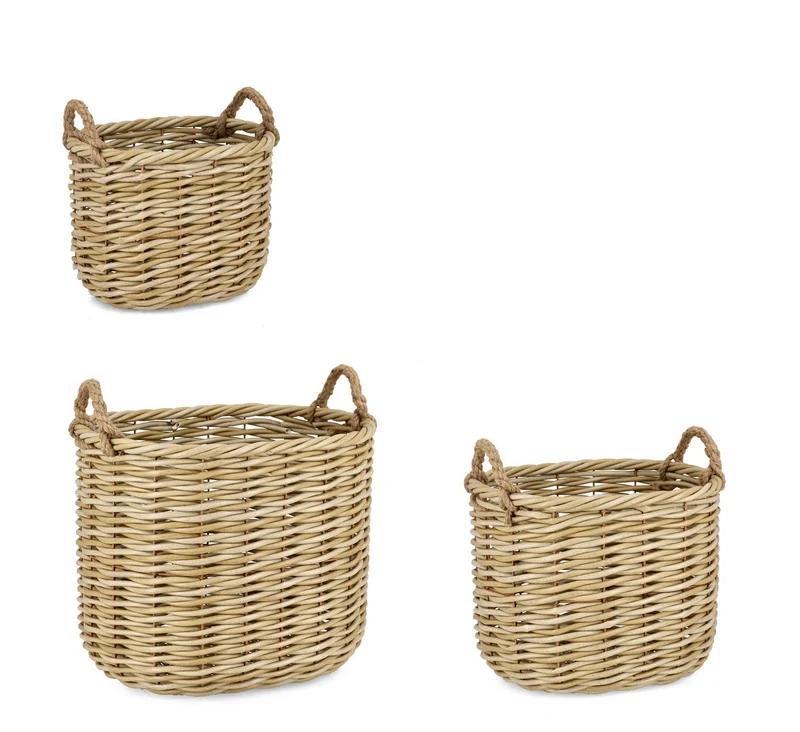 Set da 3 Ceste Rotonde in Polyrattan Naturale con Manici - JULEN