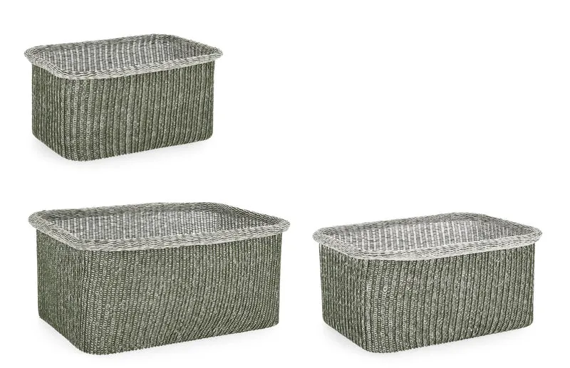 Set di 4 Set da 3 Ceste Rettangolari Intrecciate in Poliestere e Cotone Verde - AMALYA