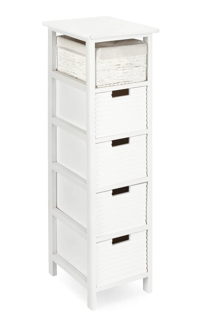 Cassettiera Alta 5 Cassetti in Legno Bianco con Intreccio - LEONIE