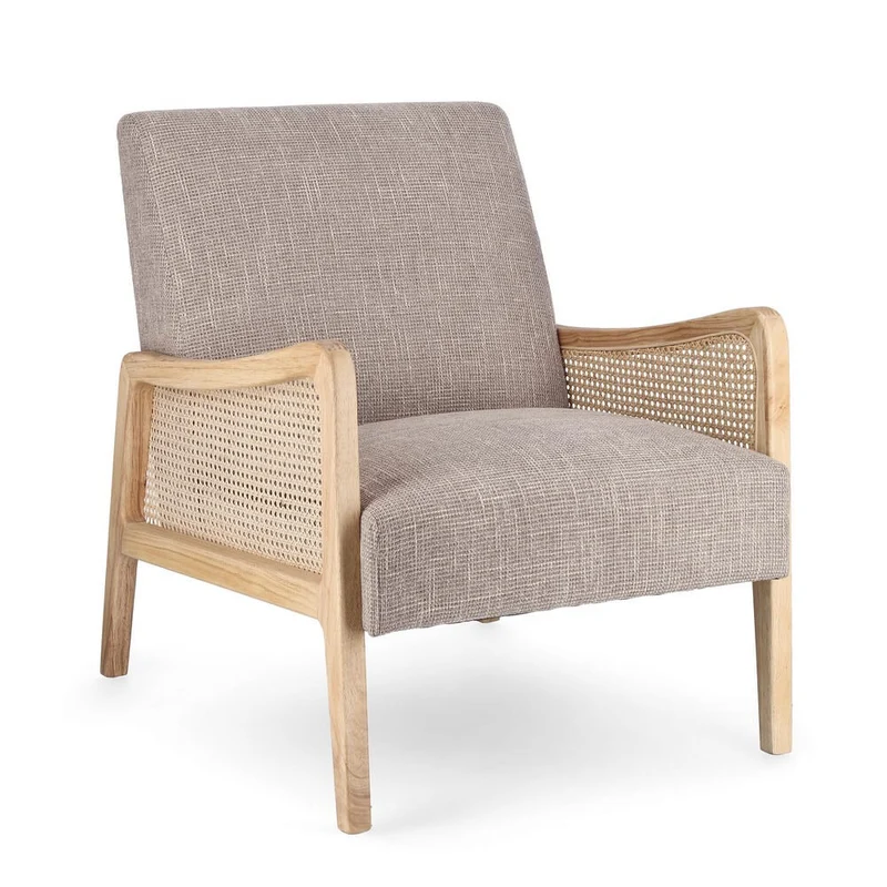 Poltrona con Braccioli in Legno Rattan e Tessuto Mélange - ZOE