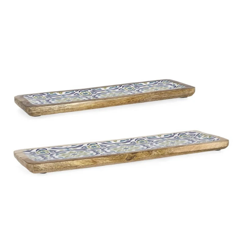 Set di 2 Vassoi Rettangolari in Legno di Mango con Maioliche Blu - SIN