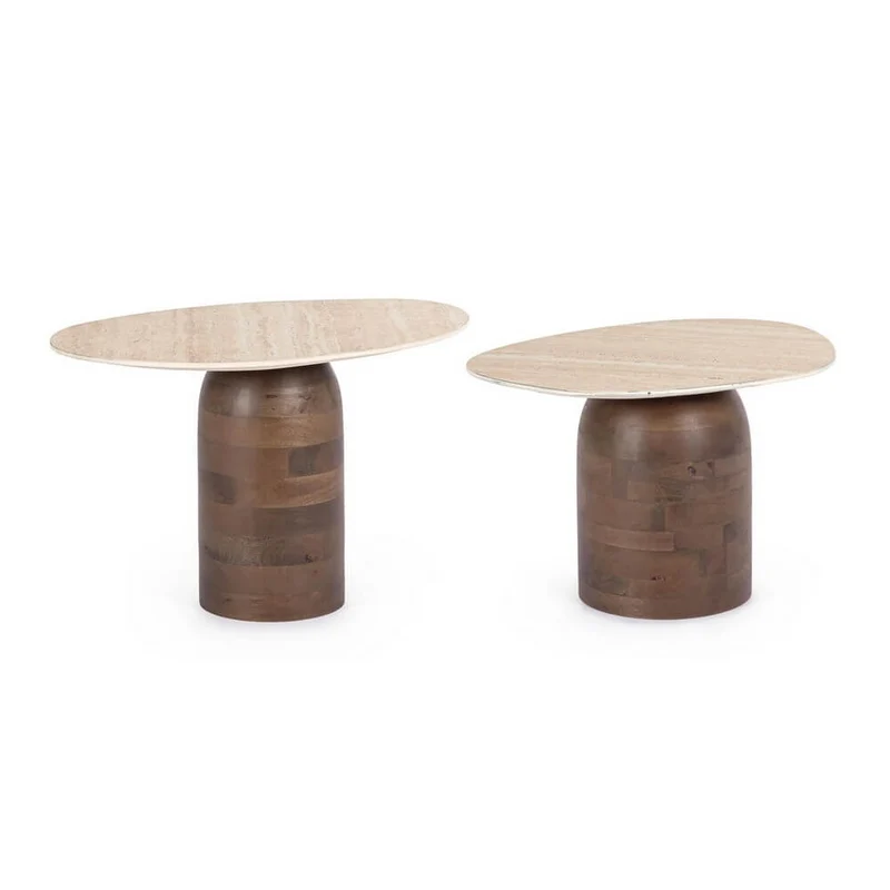Set di 2 tavolini piano in ceramica effetto travertino e base in legno di mango - YANISHA