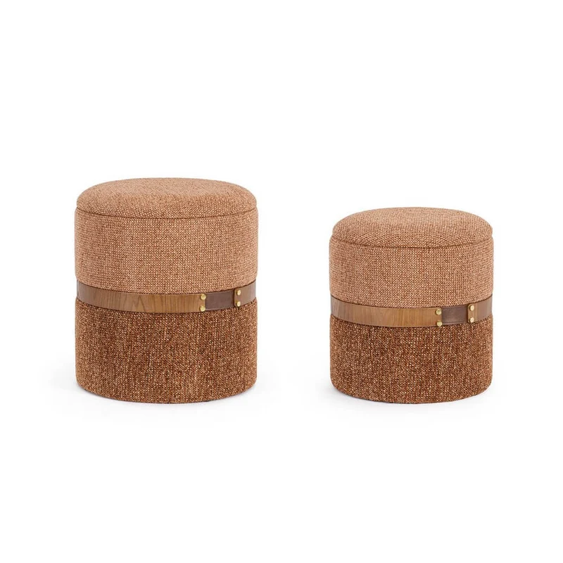 Set di 2 Pouf Contenitore Rotondi in Tessuto con Fascia in Legno - TANYA
