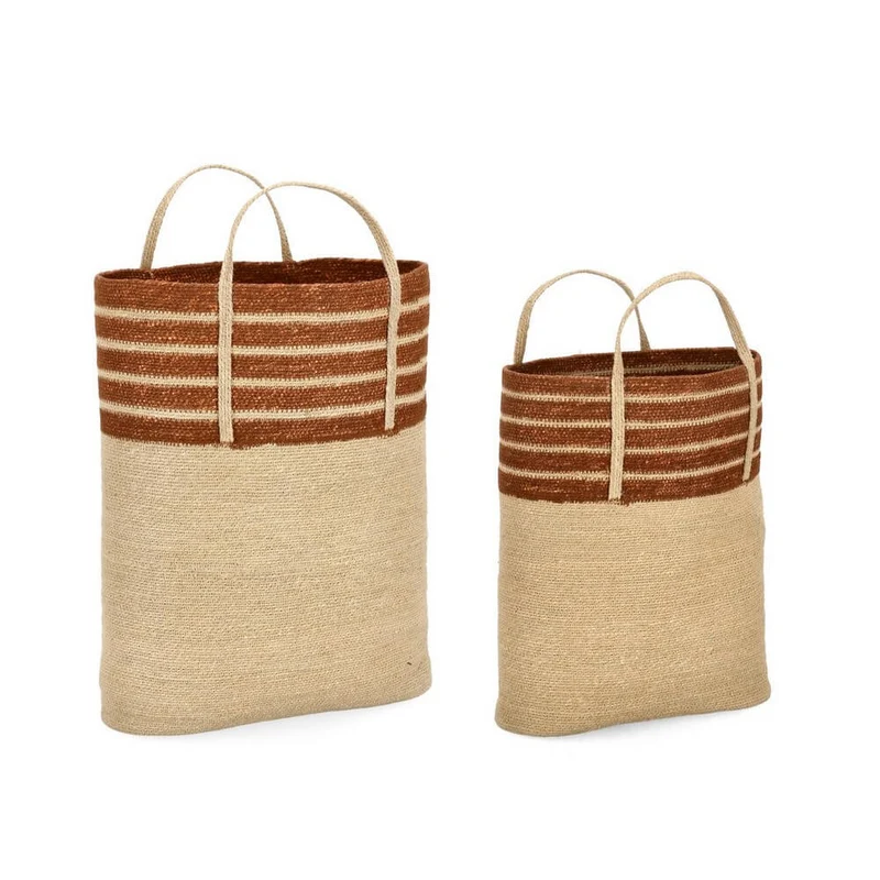 Set di 2 Cesti in Giacinto d'Acqua Naturale a Righe con Manici - CESTO