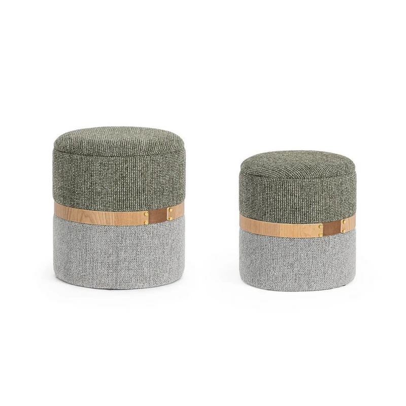 Set da 2 Pouf Contenitore Rotondi in Tessuto Bicolore con Fascia in Legno Fog - TANYA