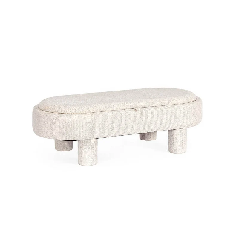 Pouf ovale imbottito con vassoio in tessuto bouclé bianco - TANYA