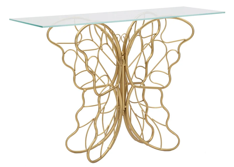 Console in Metallo Dorato con Piano in Vetro e Base a Farfalla - BUTTERFLY