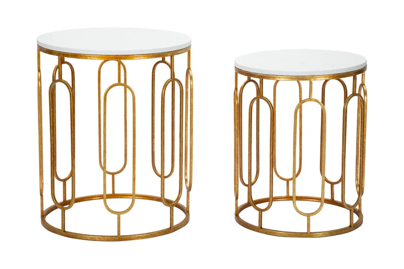 Set 2 tavolinetti rotondi in metallo dorato con piano in marmo bianco - TORY MARBLEOPPIA