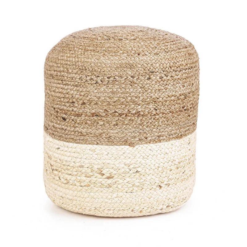 Pouf rotondo in iuta intrecciata bicolore naturale e bianco - THOMAS
