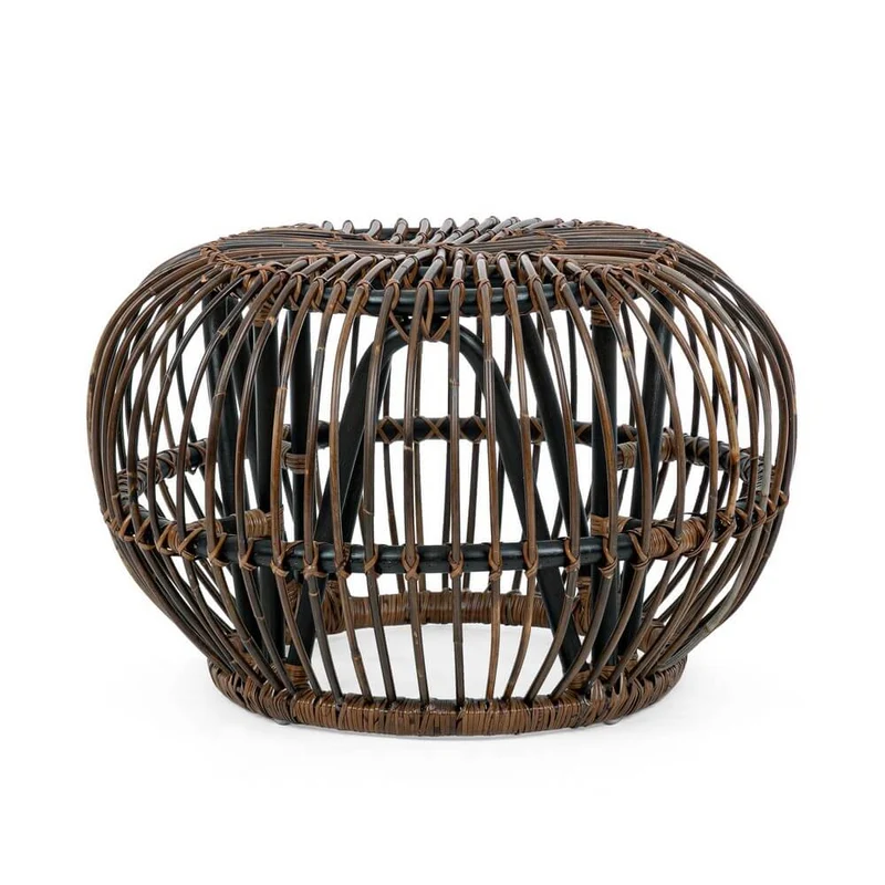 Tavolino Pouf Rotondo in Rattan Intrecciato Stile Naturale - SMITH