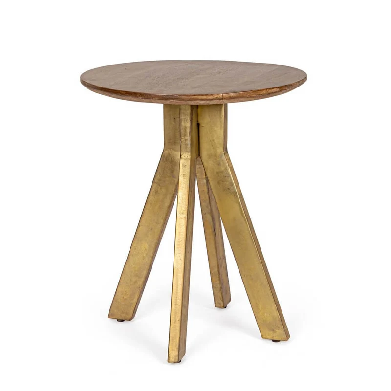 Tavolino rotondo legno di mango e acciaio ottonato 50 cm - WESLEY