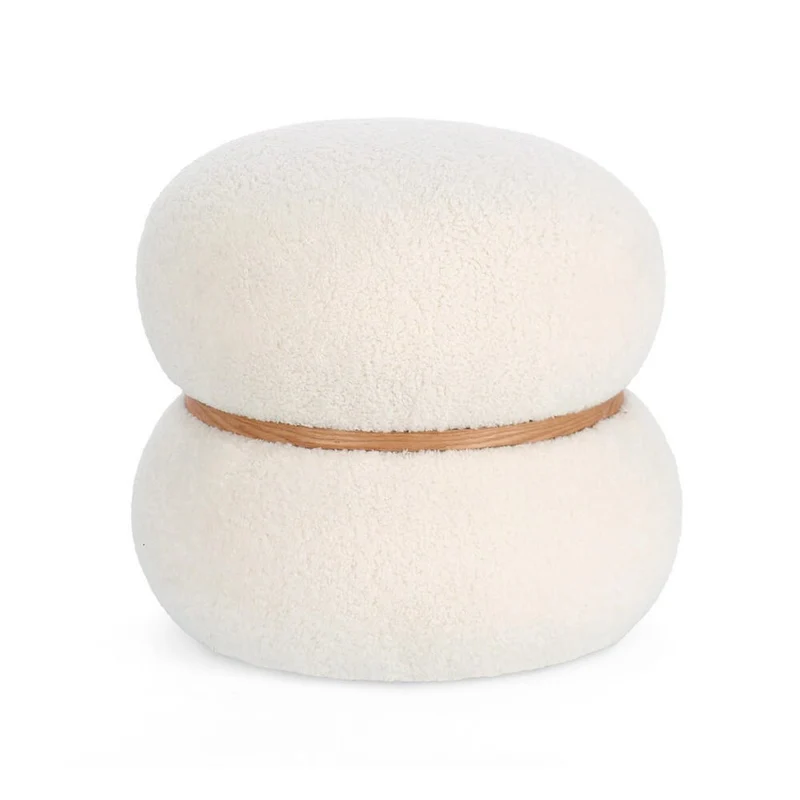 Pouf Rotondo in Tessuto Effetto Lana con Anello in Legno - RYAN