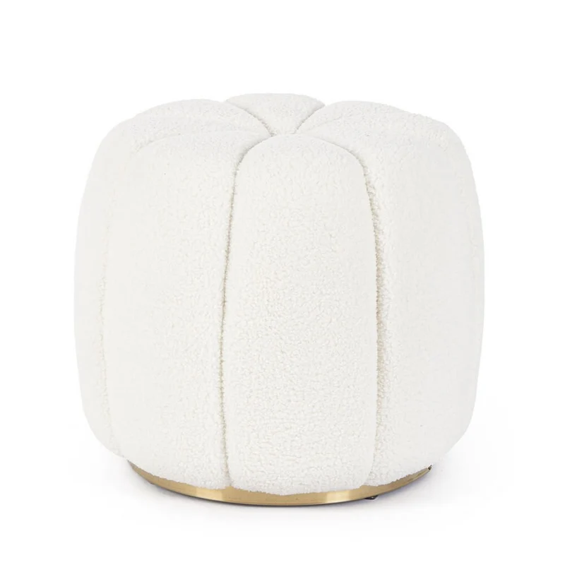 Pouf tondo imbottito in tessuto effetto lana con base dorata - RACHEL