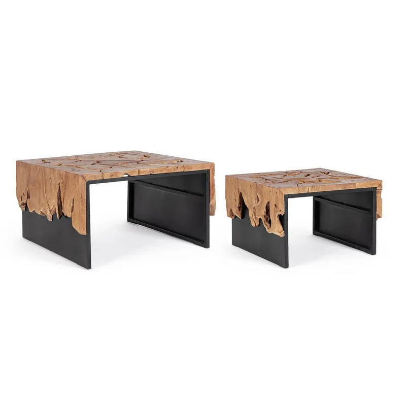 Set di 2 Tavolini da Salotto in Radica di Teak e Acciaio - PHOEBE