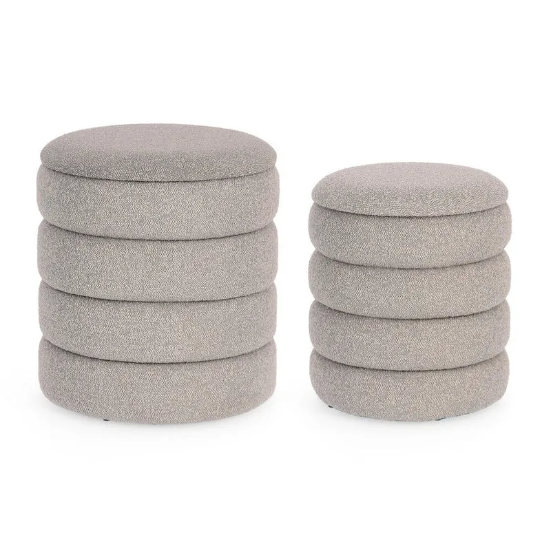 Set di 2 Pouf Rotondi Imbottiti in Tessuto Bouclé Grigio Chiaro - JACKSON
