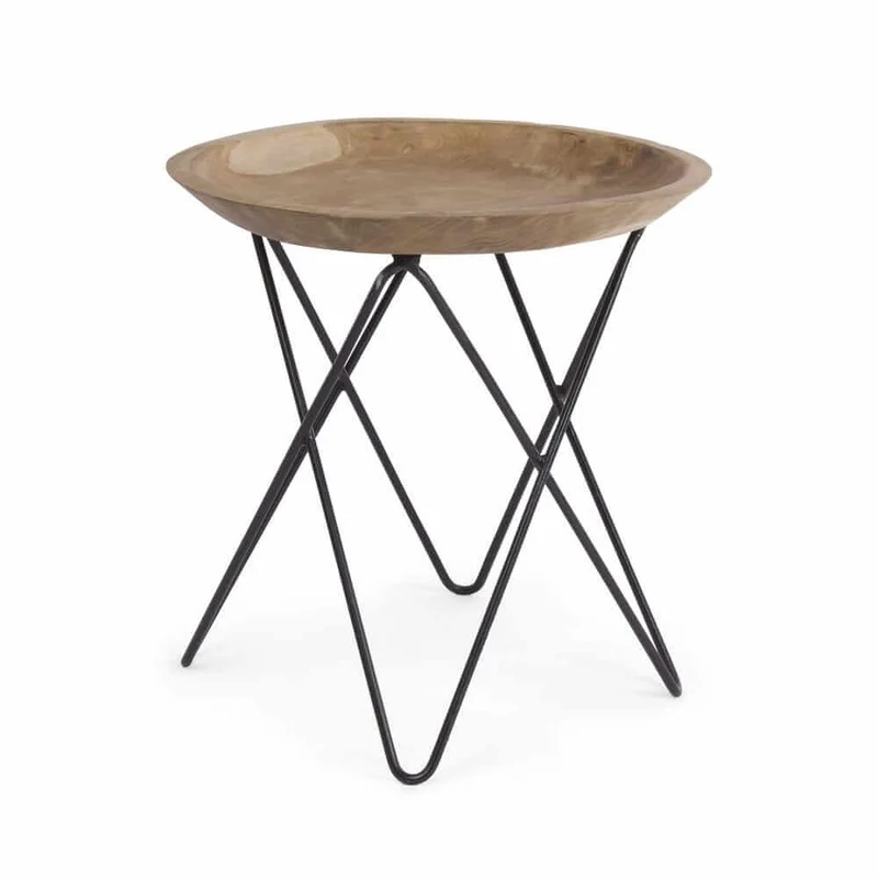 Tavolino rotondo in radica di teak con gambe in acciaio nero - LUNA
