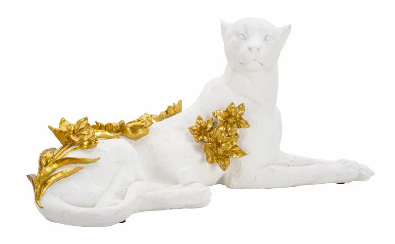 Statuetta Leopardo Sdraiato Decorato con Fiori Dorati 53 cm - LEOBIX