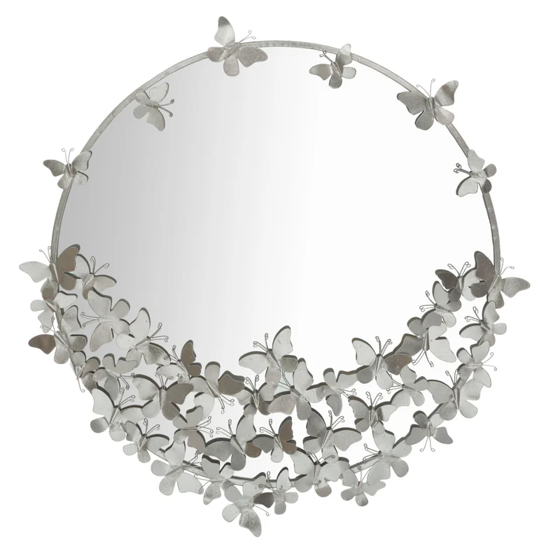 Specchio rotondo da parete in metallo argentato con decorazioni farfalle - FARFALLE