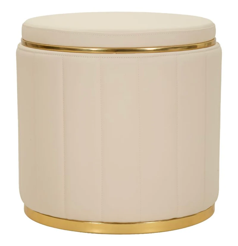 Pouf tondo con contenitore base dorata e rivestimento chiaro - LONDON