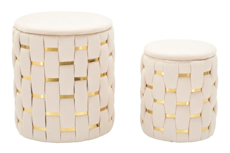 Set 2 pouf rotondi con contenitore intreccio dorato - SHANTY