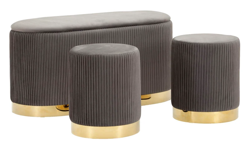Panca contenitore con sgabelli in velluto plissettato set 3 pezzi - SHOPY