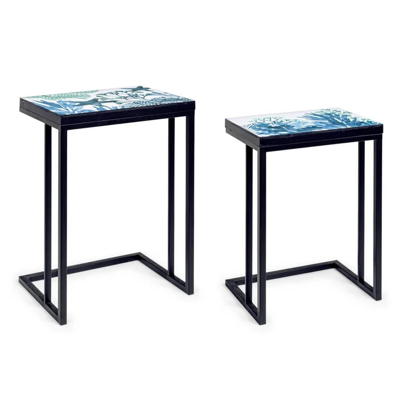 Set di 2 tavolini in metallo nero con piano decorato coralli - DECLAN